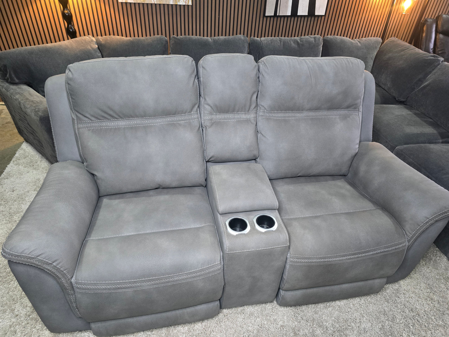 -1223- Like New- Ashley Power Reclining Gray Fabric Loveseat with Console