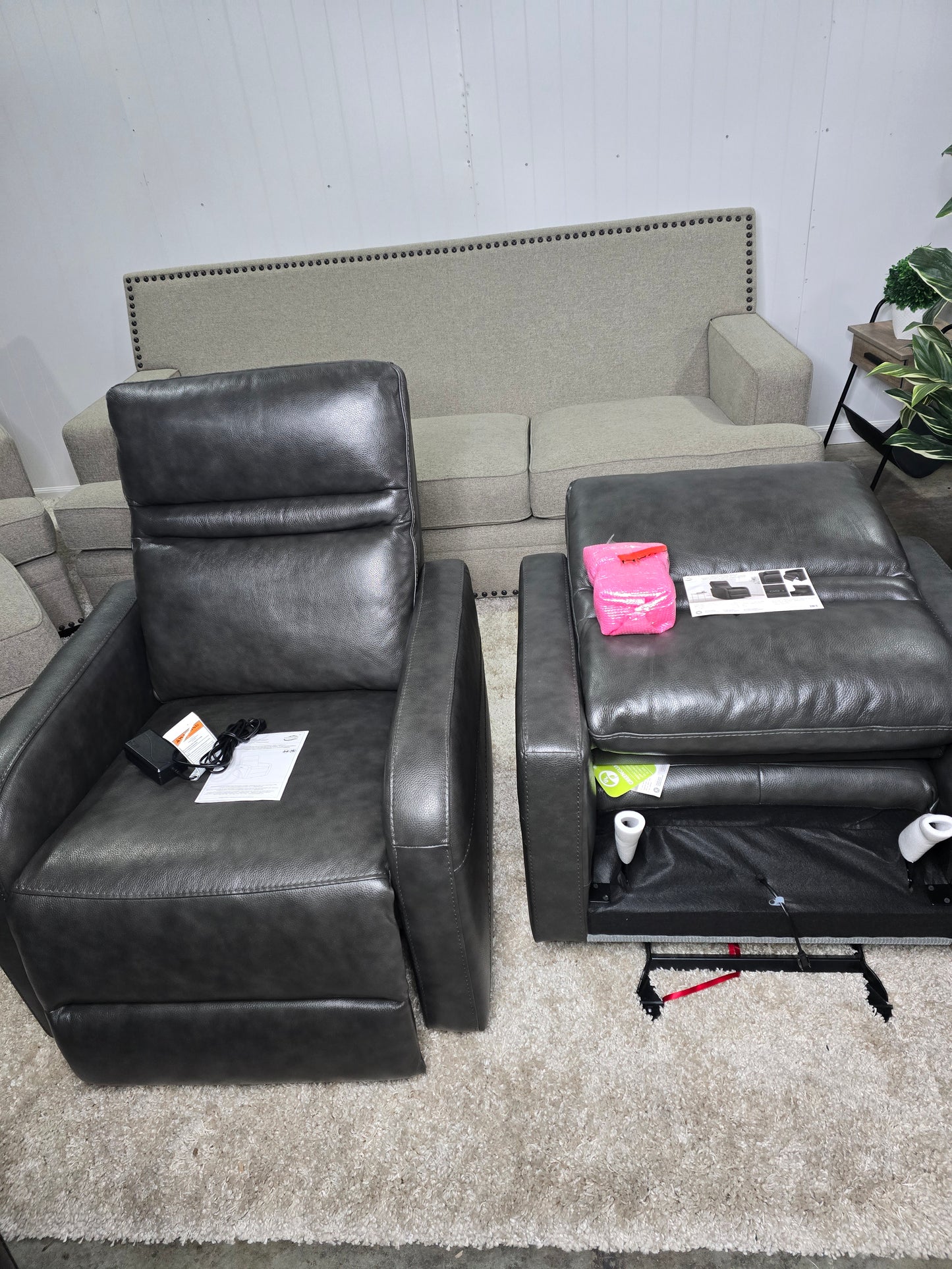 Like New - Power Modern Gray Leather Glider Recliner Chair