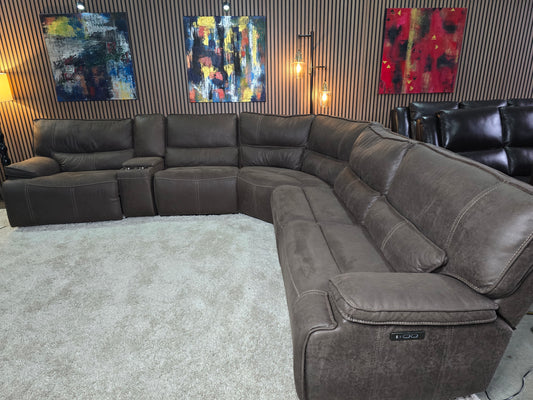 -1223- LIKE NEW- 6 Piece Brower Fabric Power Reclining Sectional with Power Headrests
