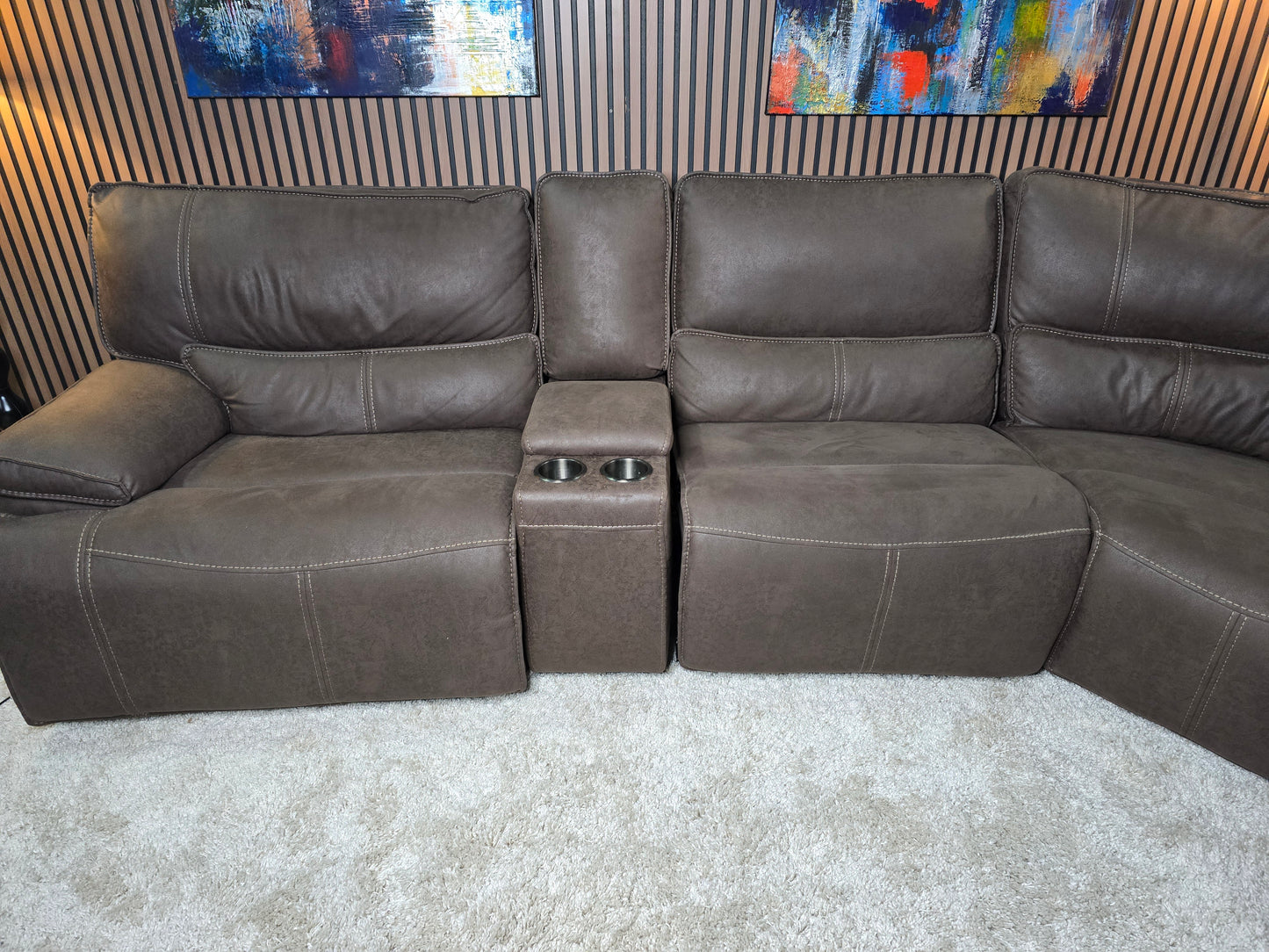 -1223- LIKE NEW- 6 Piece Brower Fabric Power Reclining Sectional with Power Headrests