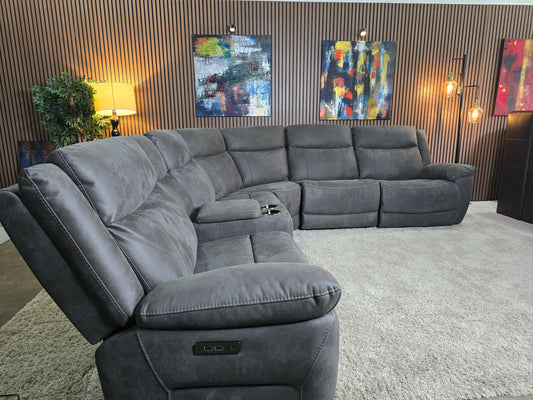 -1223- LIKE NEW- Gray 6-Piece Reclining Sectional with Power Headrests and Storage