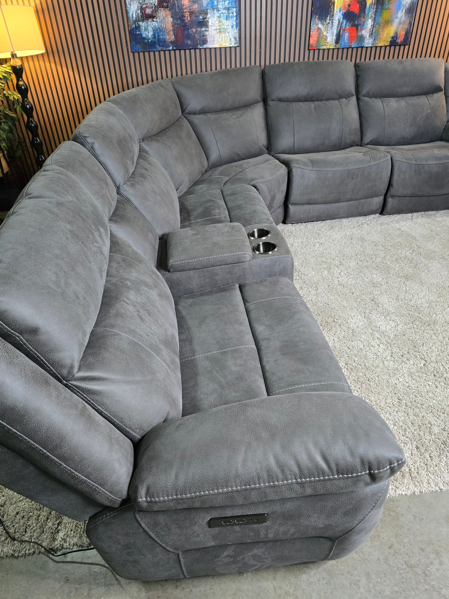 -1223- LIKE NEW- Gray 6-Piece Reclining Sectional with Power Headrests and Storage