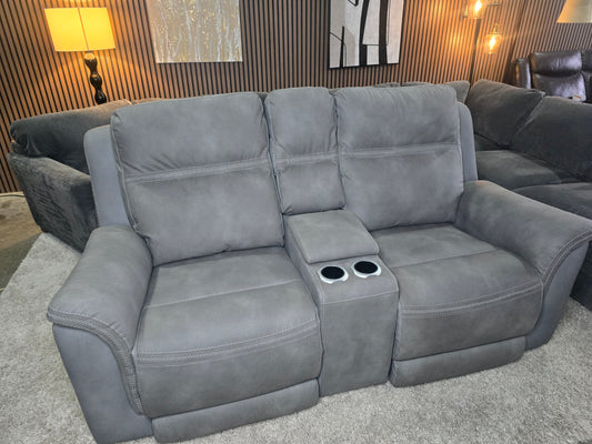 -1223- Like New- Ashley Power Reclining Gray Fabric Loveseat with Console