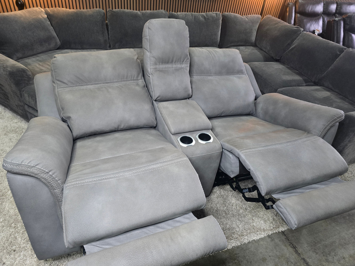 -1223- Like New- Ashley Power Reclining Gray Fabric Loveseat with Console
