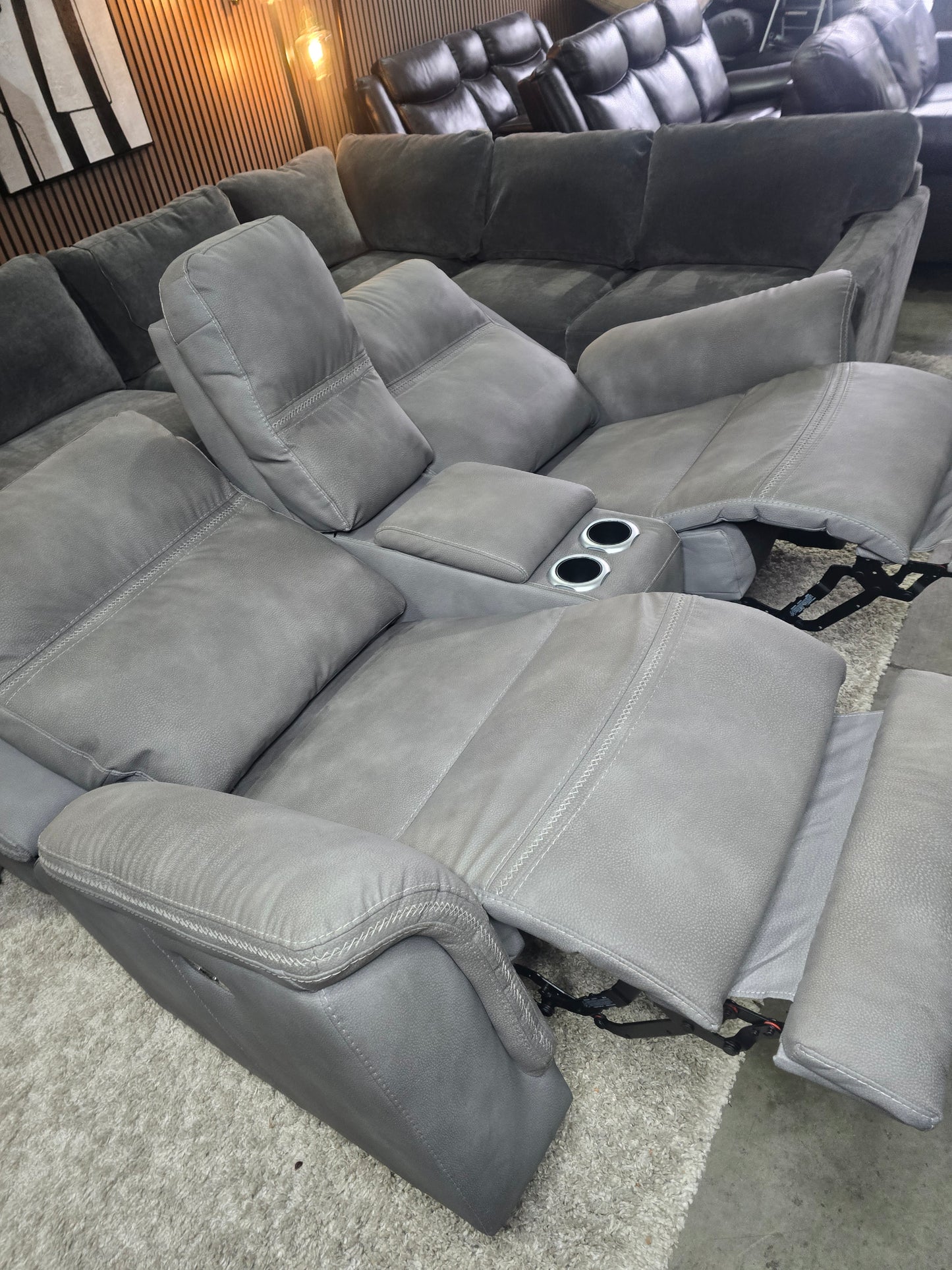 -1223- Like New- Ashley Power Reclining Gray Fabric Loveseat with Console