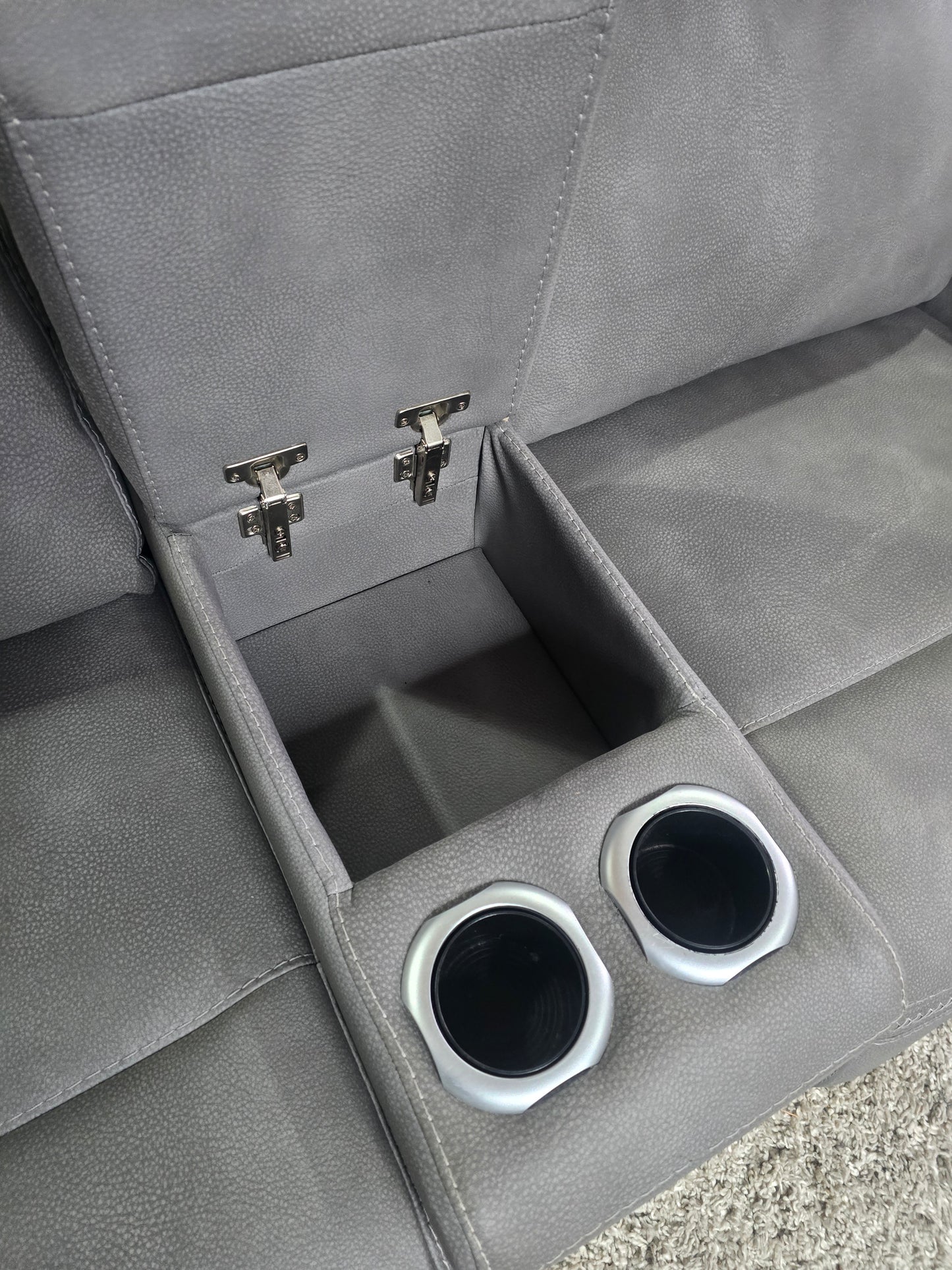 -1223- Like New- Ashley Power Reclining Gray Fabric Loveseat with Console